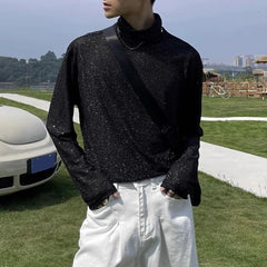 Hearujoy Mens Autumn Thin High Collar Slightly Transparent Mesh Long Sleeve Diamond T-Shirt Genderless Couple Youth Trend Sexy Top Unisex