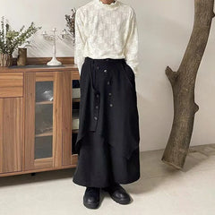 Hearujoy Mens Dark Style Double Layer Irregular Skirts 2024 New Genderless Fashion Trend Retro Solid Color Loose Wide Leg Pants Unisex