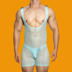 Hearujoy Mens sexy tight-fitting solid color mesh see-through jumpsuit shaping breathable sexy suspenders home underwear for men