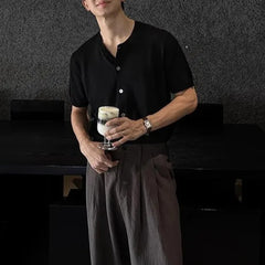 HEARUJOY - Men's Solid Color Knitted Cardigan Short-Sleeved Shirt American Retro Fashion Trend Street Loose Breathable Niche Men's Tops