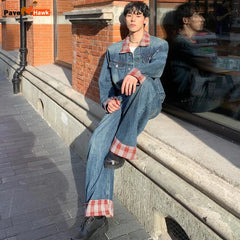 HEARUJOY - New Grid Retro Denim Two-piece Set Mens Lapel Color Blocking Street Cowboy Coats+Wide Leg Jeans Suits Hip Hop Trend Sets Unisex