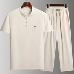 HEARUJOY - Chinese style Shirts + Pants summer 100% Cotton linen Sportswear Men's Casual Sets Male Fashion Chinese style trousers
