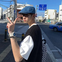 HEARUJOY - Men's Clothing Blue Plain Sleeveless Vest Knit Sweater Male Waistcoat V Neck Solid Color Warm Classic Cheap Japanese Retro Wool