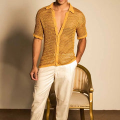 HEARUJOY - Summer Men's Casual Knitted Shirt Lapel Short Sleeve Hollow Out Breathable Cardigan Top Fashion Sexy Mesh Kint Shirts Streetwear