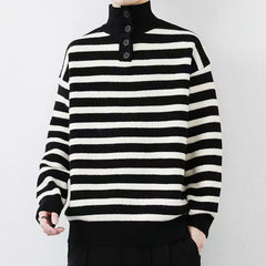 HEARUJOY - Fall Winter Daily Casual Men's Sweater Stylish Striped Crochet Knitted Pullover Men Fashion Turtleneck Buttoned Sweaters