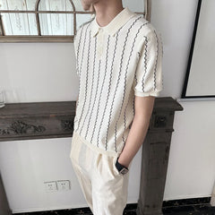 HEARUJOY - Summer New Men's Striped Knitted Short-Sleeved T-Shirt Retro Fashion Trend Casual Simple Loose Breathable Business Men's Tops