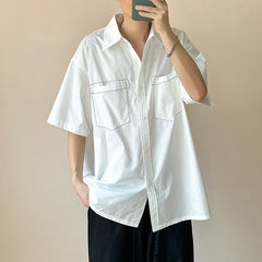 HEARUJOY - Men's Shirts Casual Line Design Turn-down Collar Short Sleeved Single Breasted Simple Loose Male Clothing Simple