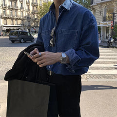 HEARUJOY - Men Denim Long Sleeve Shirt High End Outfit British Yuppie Style Shirt Spring Autumn New Versatile Outerwear