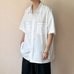 HEARUJOY - Men's Shirts Casual Line Design Turn-down Collar Short Sleeved Single Breasted Simple Loose Male Clothing Simple