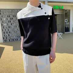 Hearujoy Korea Fashion Streetwear Spring Diagonal Lapel Tank Tops Contrasting Color Men's Women’s Sleeveless Sweater tank top men