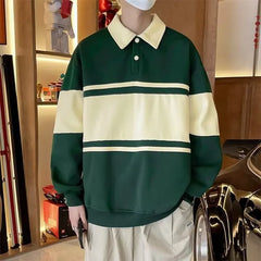 HEARUJOY - Men Polo Collar Sweatshirts Spring Autumn Vintage Striped Patchwork Pullover Tops Casual Loose Hoodies Male Harajuku Streetwear