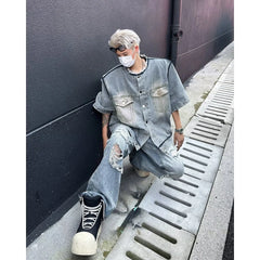 HEARUJOY - Short Sleeved Mens Denim Jackets Summer Fur Edge Retro Trend Tooling Cowboy Tops Hip Hop Multiple Pockets Shoulder Pads Shirts