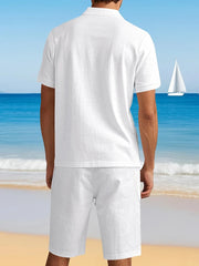 HEARUJOY - Summer Daily Casual Men's Two Pieces Sets Fashion Lapel Button Polo Shirt And Shorts Mens Outfits Leisure Linen Loose Suits