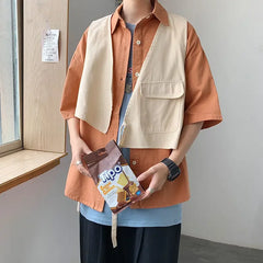 HEARUJOY - Man Shirt Half Sleeve with Pocket Shirts for Men Blue Casual Korean Style Vintage Silk Fashion 2025 Cotton Slim Fit Elegant Sale