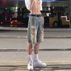 HEARUJOY - Retro High Street Versatile Five-point Men's Wide-leg Ripped Denim Shorts