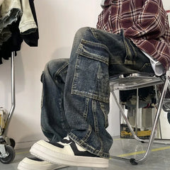 Hearujoy Men's Patchwork Blue Cargo Jeans Unisex Straight Casual Trousers Men Muti-pockets Hip Hop Streetwear 90s Vintage Fashion Pants