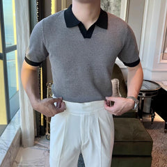 HEARUJOY - Men's Color Matching Knitted Short-Sleeved Polo Shirt American Retro Fashion Trend Loose Casual Breathable Summer Men's Tops