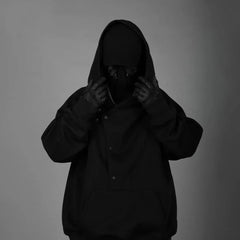 Hearujoy Mens Functional Casual Style Hoodie 2024 New Genderless Fashion Youth Street Loose Diagonal Placket Hooded Sweatshirt Unisex