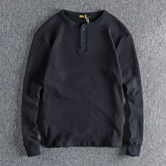 HEARUJOY - American Tough Guy Style Knitted Waffle Fabric Henley Long Sleeve T-Shirt Men's Autumn Winter Daily Versatile Youth Base Layer
