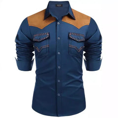 HEARUJOY - Men's Western Shirt, Long-sleeved Denim Shirt, Men's Casual Buttoned Color-blocked Shirt Top