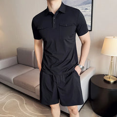 HEARUJOY - (Polo Shirt + Shorts) Plain Color Man Sets High Quality Breathable Elastic Short Sleeve Polos T Shirt And Knee Length Shorts Men