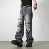Hearujoy Harajuku Ripped Jeans Men Wide Leg Pants Oversize Hip Hop Darkwear Denim Trousers Male Casual Japanese Streetwear Hole