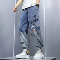 Hearujoy Men's Jeans Harem Torn Tapered Vintage Loose Trousers with Print Regular Kpop Boot Cut Slim Fit 2024 Trend Soft Man Cowboy Pants