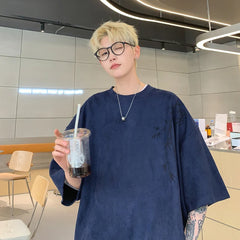 Hearujoy Men's Suede Oversized Printed T-shirt Loose Casual Tops Tshirts Men Clothing Women Short Sleeve Tees Streetwear 5XL-M