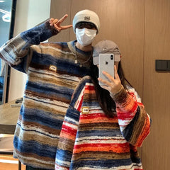 Hearujoy 2024 New Vintage Clashing Stripe Sweater Neutral Wind Trend Loose Couple Knitted Pullovers Round Neck Men Jumper