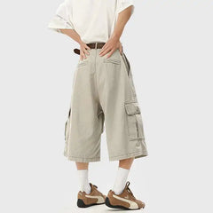 HEARUJOY - Summer Cotton Casual Pants Men Pocket Cargo Pants Men Japanese Streetwear Hip-hop Loose Wide Leg Pants Mens Calf-Length Pants