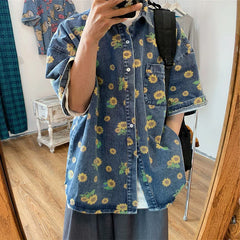 HEARUJOY - Summer Men Vintage Denim Shirts Short Sleeve Floral Printed Blouse Casual Loose Male Jean Coats Single-breasted Pocket Tops