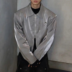 Hearujoy Mens autumn y2k cyberpunk metallic street shoulder pad two-way zipper jacket genderless short casual fashion trendy loose jacket