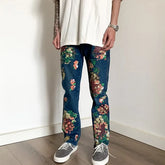 HEARUJOY - Y2K Fashion Flowers Print Slim Hip Hop Jeans Pants For Men Clothing Skateboard Streetwear New Rock Denim Trousers