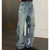 HEARUJOY - Street Graffiti Mens Jeans Autumn High Street Color Blocked Washed Wide Legs Cowboy Pants Loose Straight Tube Denim Trousers