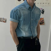 HEARUJOY - Vintage Men's Shirts Solid Color Washing Turn-down Collar Short Sleeved Solid Color Single Breasted Loose Male Cloth