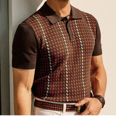 HEARUJOY - Summer New Men's Houndstooth Jacquard Short-Sleeved Knitted Polo Shirt Retro Fashion Trend Casual Loose Daily Business Mens Tops
