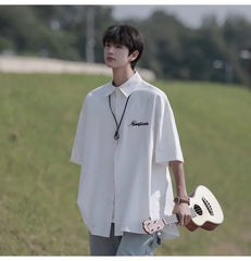 HEARUJOY - Retro Japanese Men's Casual Short Sleeve Shirt Spring Summer Loose Fit Versatile Youth Button Loose Half Sleeve Blouse Shirts