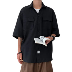 HEARUJOY - Summer Short Sleeved Shirt Men Pocket Casual Shirt Men Japanese Streetwear Loose Ice Silk Shirts Mens White Shirt Plus Size 4XL