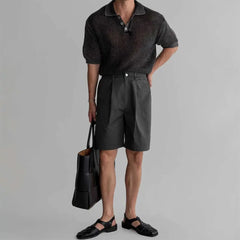 HEARUJOY - Men's Knitted Hollow Short-Sleeved Polo Shirt American Retro Fashion Trend Street Loose Breathable Casual Niche New Men's Tops