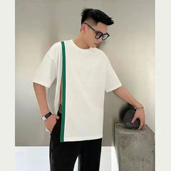 Hearujoy T-Shirts Male Tshirts Men Summer Short Tee Shirt Man Fashion Sexy Tees Top Contrast Ribbon Slit Camisetas Genderless Streetwear
