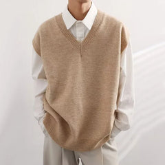 HEARUJOY - Men Knitted Sweater Vest Solid Color Autumn Winter Sleeveless V-neck Pullovers Male Casual Loose Waistcoat Korean Style Knitwear