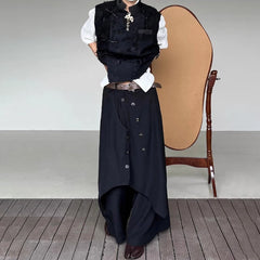 Hearujoy Mens Dark Style Double Layer Irregular Skirts 2024 New Genderless Fashion Trend Retro Solid Color Loose Wide Leg Pants Unisex