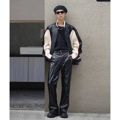 Hearujoy Autumn Winter Men's Leather Motorcycle Pants Black Punk PU Pants Men Women Straight Mopping Trousers Streetwear Waterproof