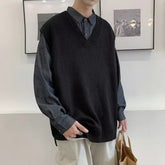 HEARUJOY - New In Solid Color V Neck Knit Vests for Men Elegant Harajuku Sleeveless Vintage Sweater Man Casual Top Original Open Waistcoat