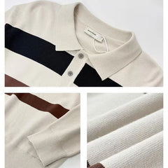 HEARUJOY - Fashion Textured Knitted Sweater Men Polo Shirts Long Sleeve Turn-down Collar Stripe Splicing Color Tops Autumn Men Knit Clothes