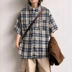 HEARUJOY - Plaid Shirt For Men Casual Couple Loose Mens Shirt Polyester Fabric Slight Stretch All Seasons Applicable Male