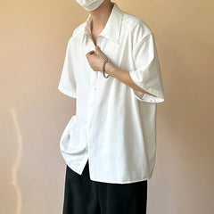 HEARUJOY - New Trendy Men's Shirts Half Zippers Design Solid Color Button Solid Color Lapel Short Sleeved Loose Male Shirt 24K4644