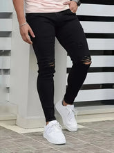 HEARUJOY - Men's Slim-Fit Ripped Jeans - Stylish Black Distressed Denim with Raw Hem, Comfortable & Versatile for All Seasons, Casual Stree