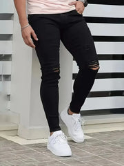 HEARUJOY - Men's Slim-Fit Ripped Jeans - Stylish Black Distressed Denim with Raw Hem, Comfortable & Versatile for All Seasons, Casual Stree