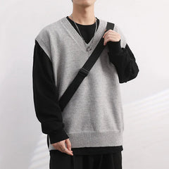 HEARUJOY - Men Knitted Sweater Vest Solid Color Autumn Winter Sleeveless V-neck Pullovers Male Casual Loose Waistcoat Korean Style Knitwear